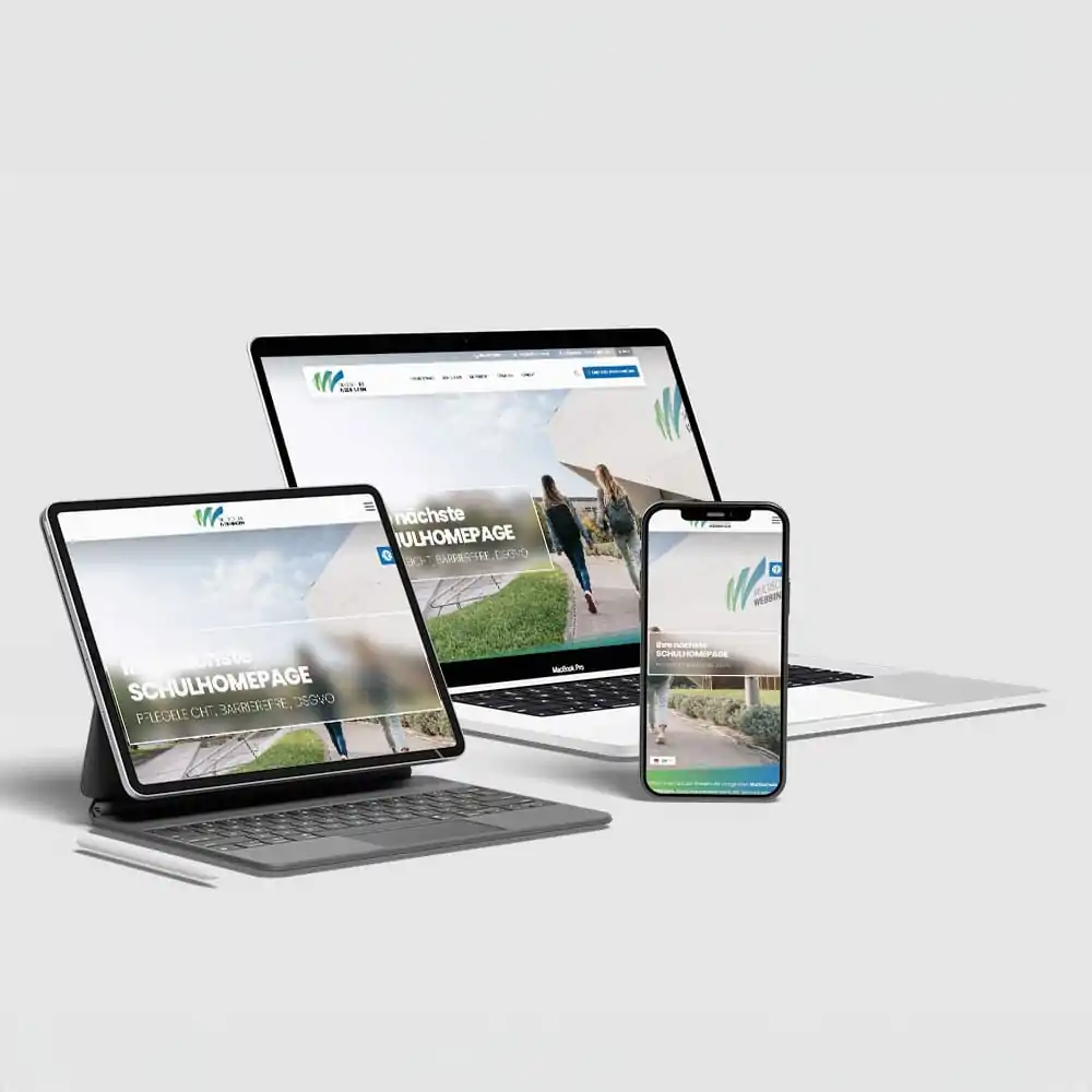 Moderne Schulhomepage dargestellt auf Laptop, Tablet und Smartphone &ndash; responsives Webdesign f&uuml;r Schulen