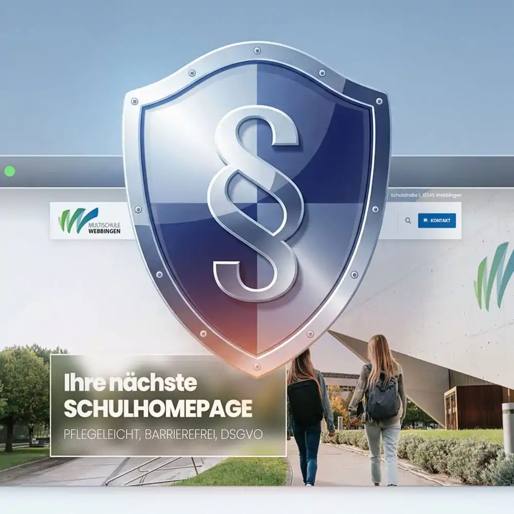 Symbolbild Datenschutz und Recht: Paragraphen-Schild &uuml;ber einer Schulhomepage &ndash; DSGVO, Impressum, Barrierefreiheit